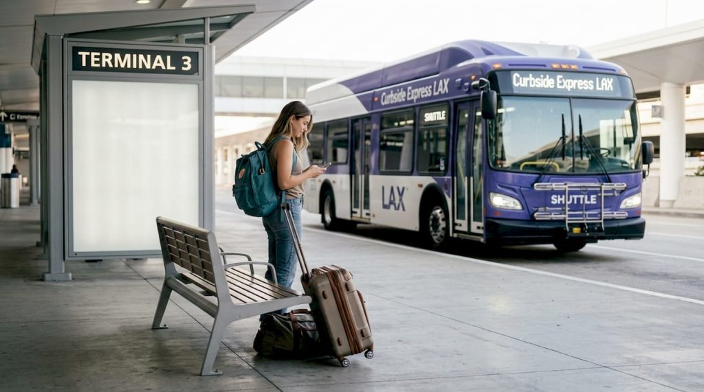 Traveler waiting at LAX curbside shuttle zone